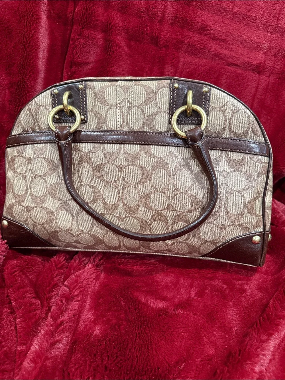 Vintage Coach Brown Signature Canvas Satchel w/White and Dark Brown Stripes